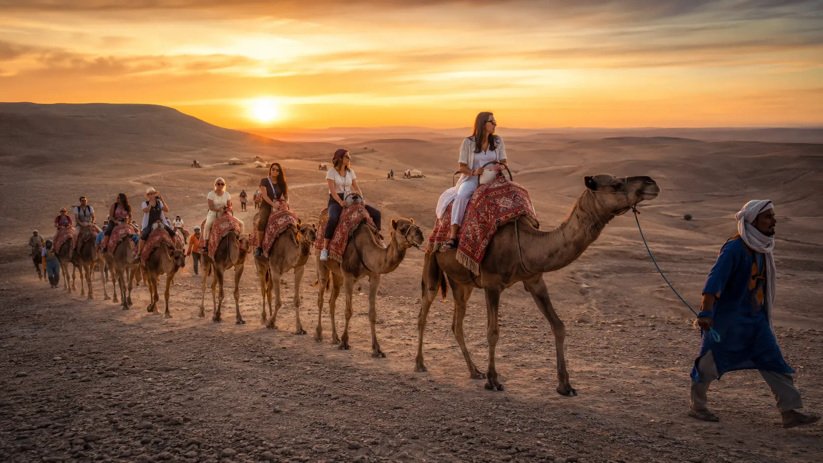 Sunset camel ride through the Agafay Desert hills