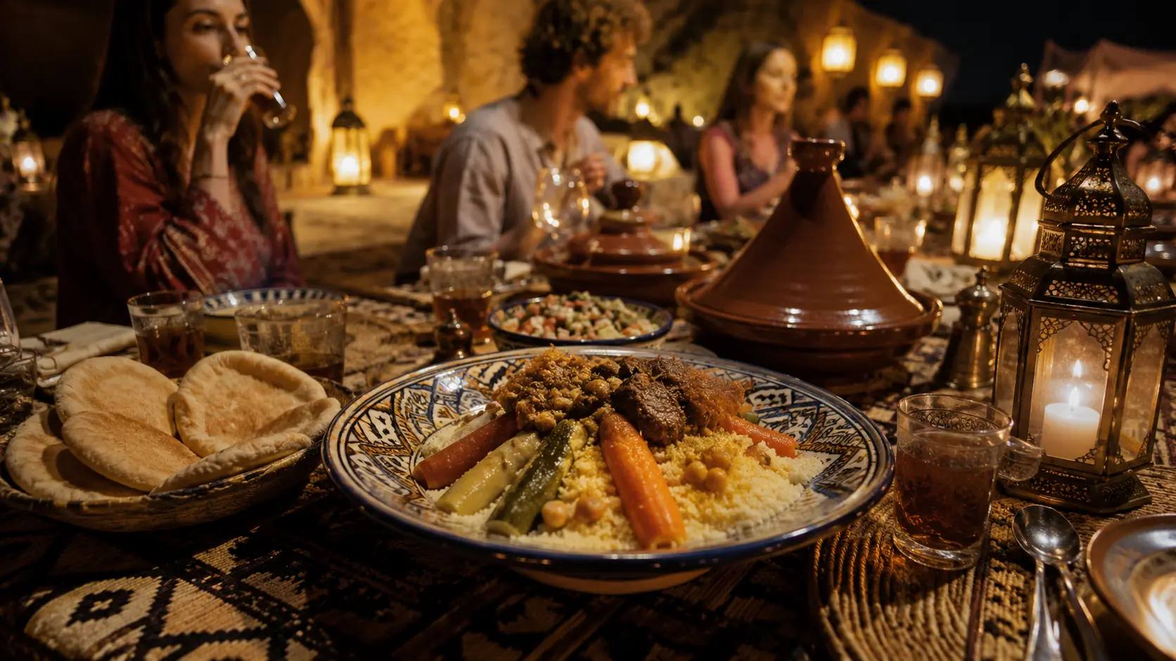 Close-up of traditional Moroccan dinner dishes in the desert