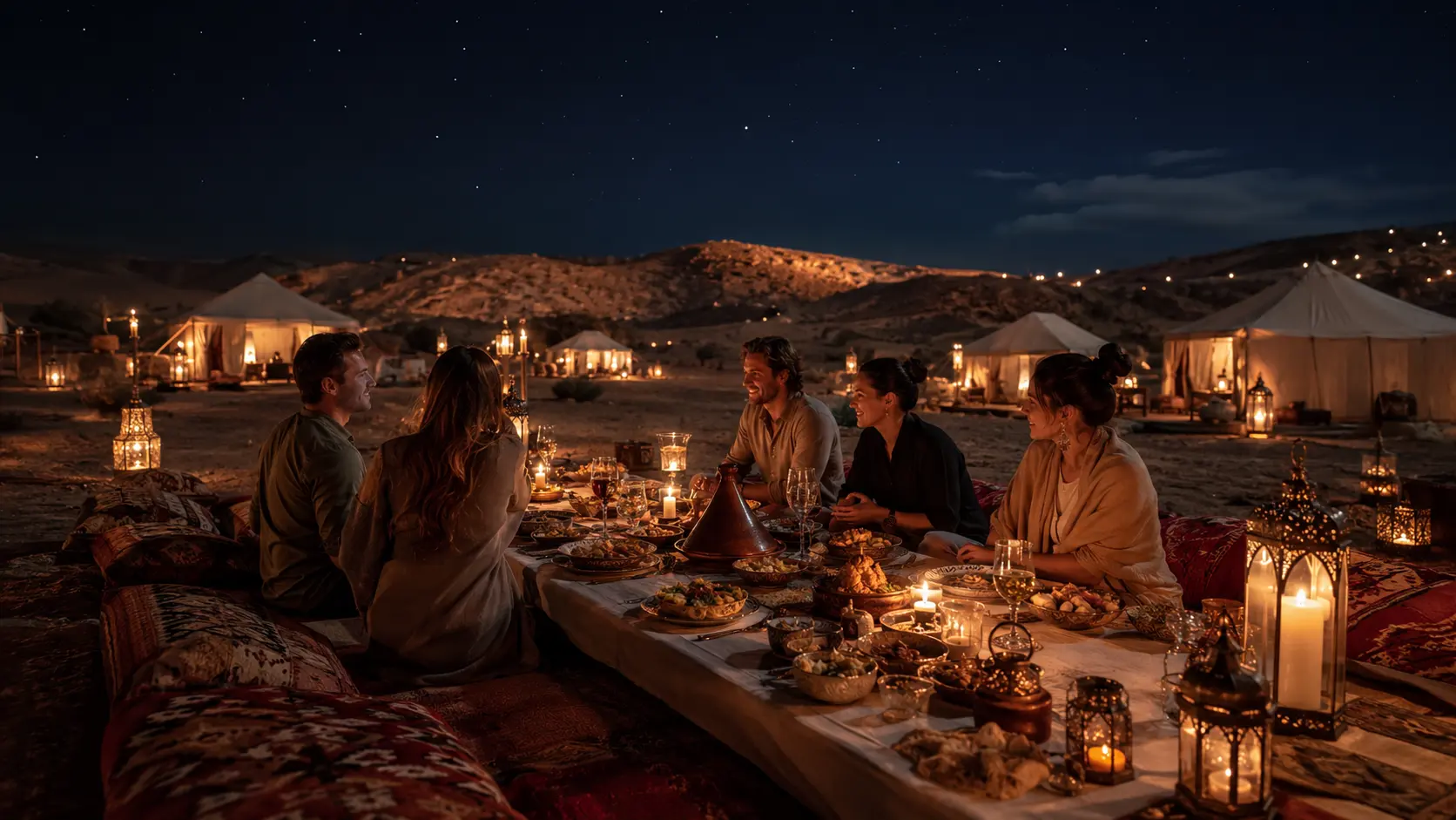 Dinner under the stars in a Berber desert camp at night