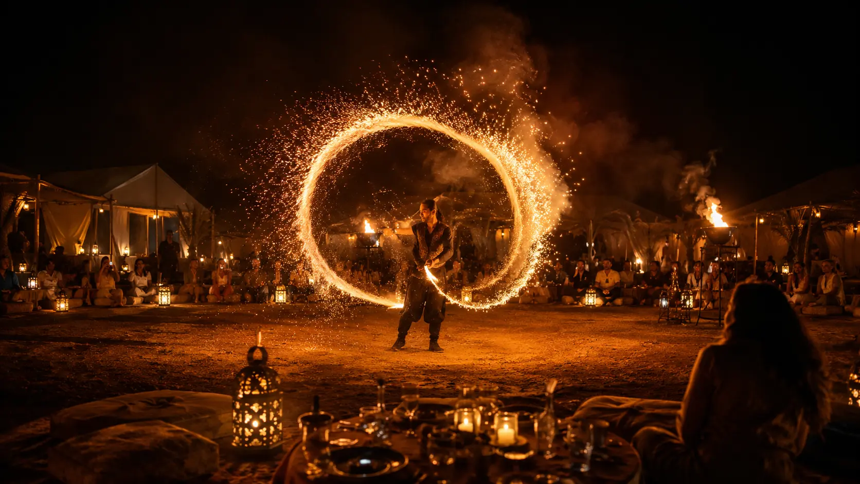 Fire show performance under the Agafay desert night sky