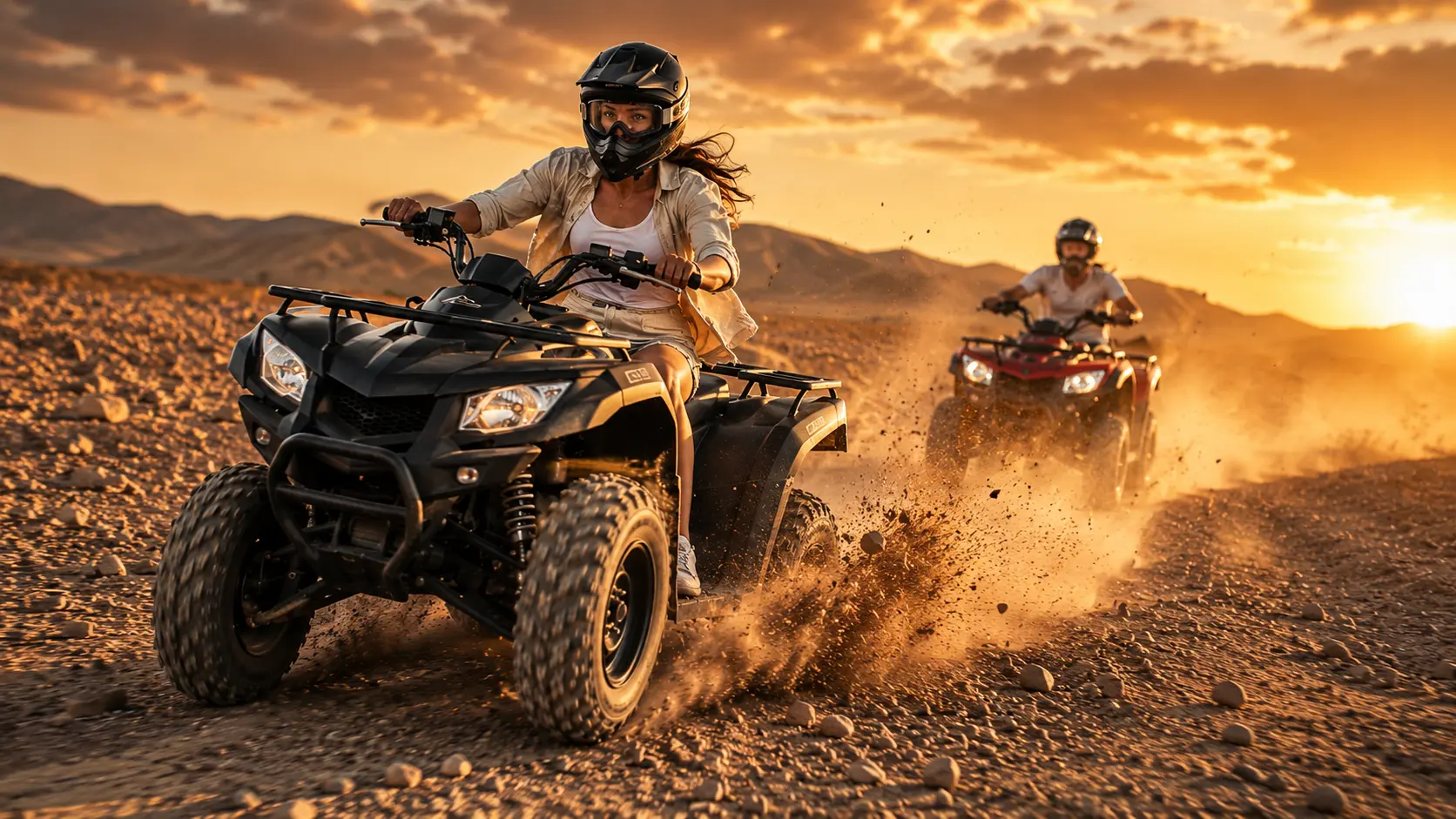 Quad biking through the Agafay Desert at golden hour